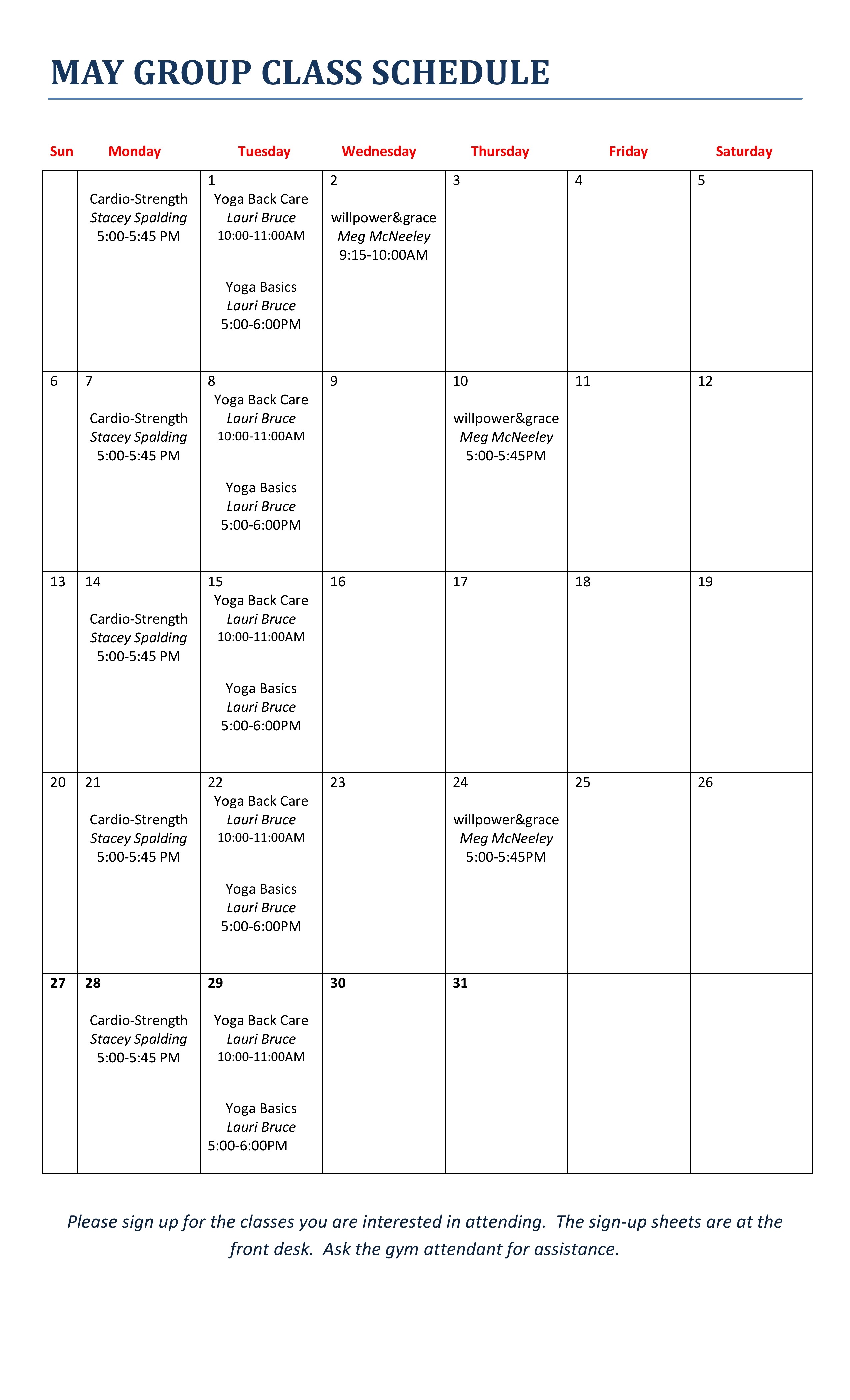 May MOG class schedule